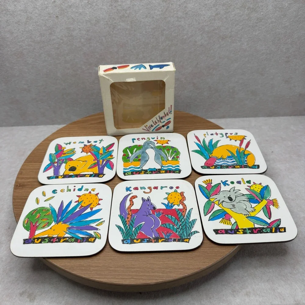 Viva La Wombat Coasters Set of 6 Multicolor Australia Animal Cork Back‎ Good 90s